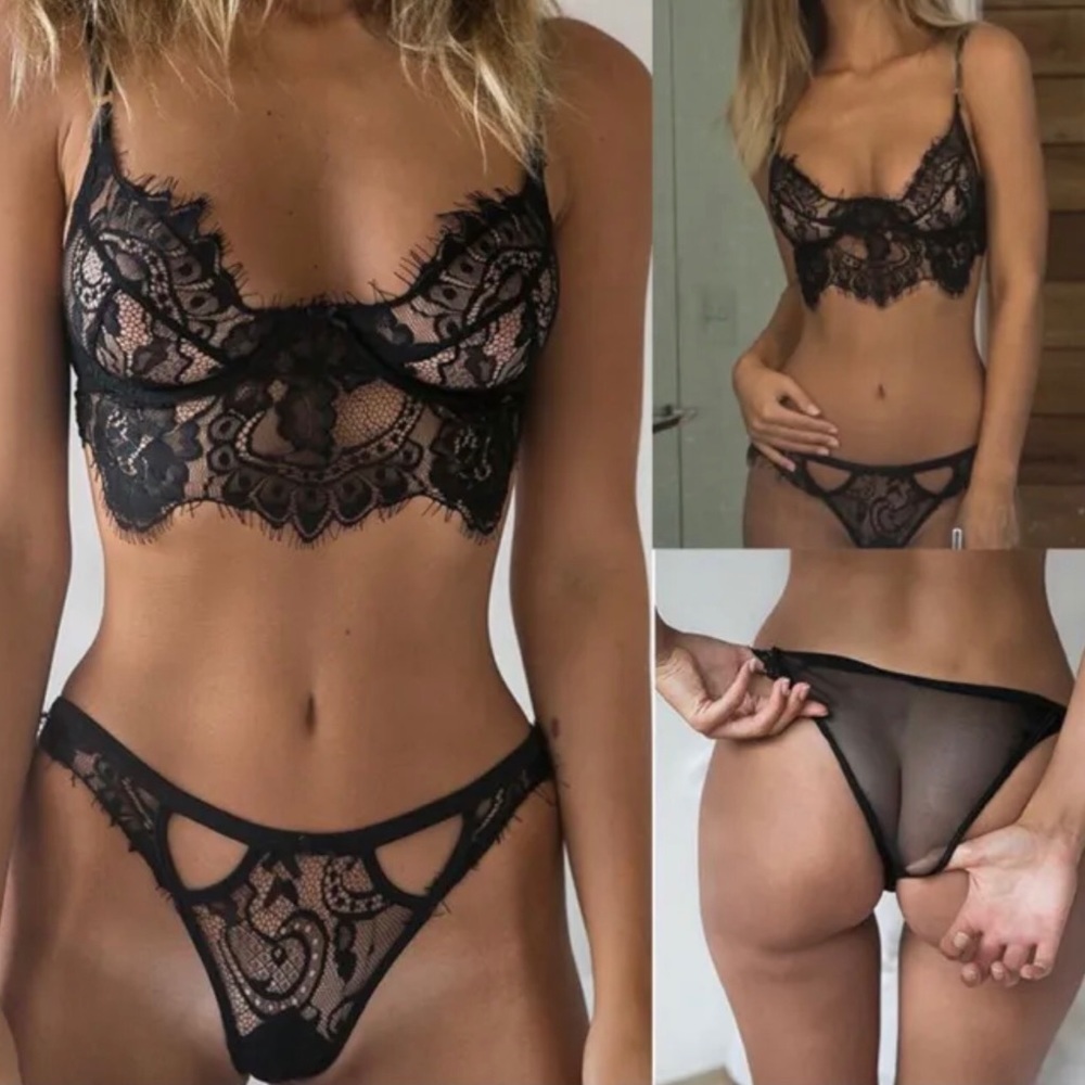 Sexy Black Floral Lace Lingerie Bralette and Panty Set - Size X-Large